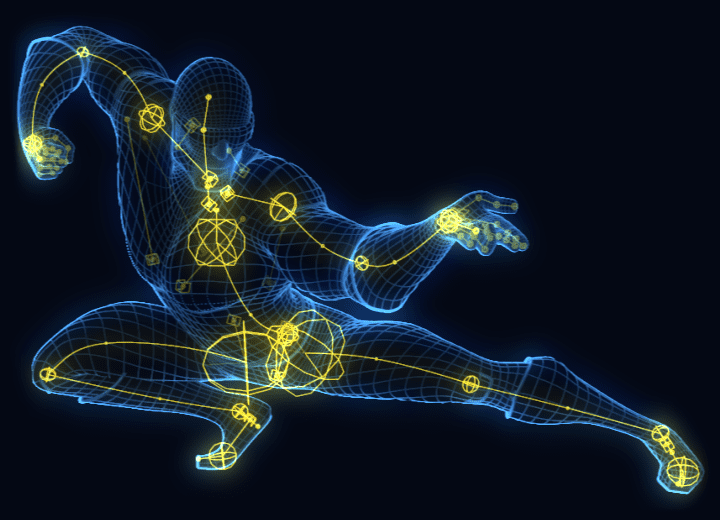 Wireframe rendering of a superhero deformed by Contour Rig Tools